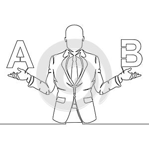 Continuous line drawing Businessman open hands with Plan A and Plan B comparison icon vector illustration concept