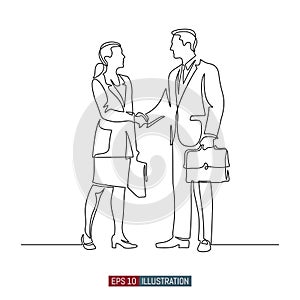 Continuous line drawing of businessmens handshake. Vector illustration.