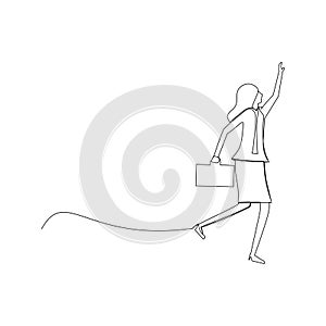 continuous line drawing of a businesswoman walking with a briefcase trying to catch a high object. Business concept illustration