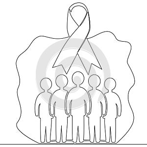 Continuous line drawing Charity ribbon and crowd of volunteers icon vector illustration concept