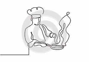 continuous line drawing of chef cooking big meal food vector illustratiom photo