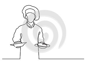 Continuous line drawing of chef holding two meals