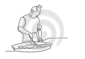Continuous line drawing of chef prepares food in the kitchen