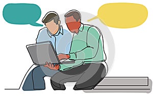 Continuous line drawing of two men discussing work task on laptop computer