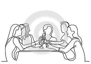 Continuous line drawing of company of friends dining in restaurant