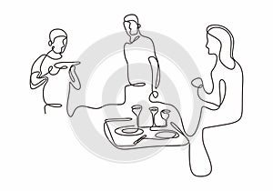 continuous line drawing of company of friends dining in restaurant. One hand drawn people group enjoy dinner time