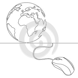 Continuous line drawing Computer mouse connected to a globe icon vector illustration concept