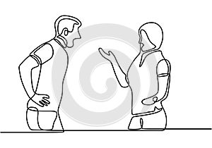 Continuous line drawing of couple in conflict. Couple fighting and pointing finger at each other. Man and women talking with angry