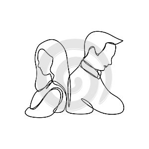 Continuous line drawing of couple in conflict. Girl and man no looking each other feeling desperate. Relationship problems photo