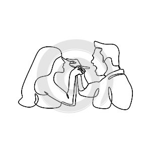 Continuous line drawing of couple in conflict. Man and women talking each other with angry gesture vector illustration isolated