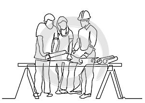 Continuous line drawing of - couple discussing costruction plan with developer