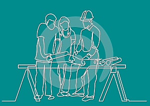 Continuous line drawing of - couple discussing costruction plan with developer photo