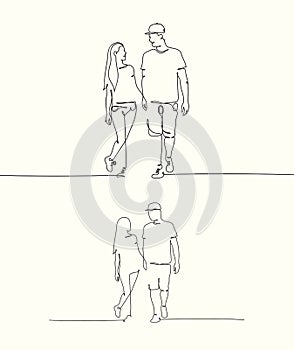 Silhouette of walking lovers