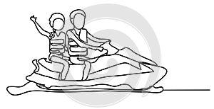 Continuous line drawing. Couple on hydrocycle. Cartoon character. Happiness in the Everyday. Vector monochrome, drawing