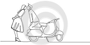 Continuous line drawing of a couple kiss with retro scooter motor bike. Vintage creative minimalist concept of romance