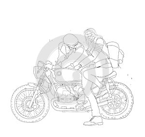 Continuous line drawing of a couple kiss with scooter motor bike. Vintage creative minimalist concept of romance