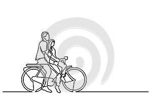 Continuous line drawing of couple riding on bicycle