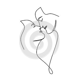 Continuous line drawing of a couple`s face. Man and woman kissing. Love print. Minimalist art line. Vector illustration