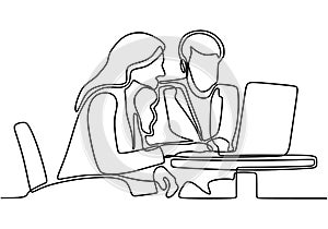 Continuous line drawing of coworkers watching laptop computer together. Young man and young woman in front of computer talking