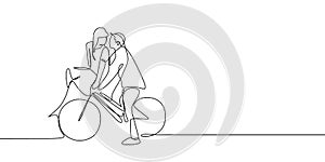 Continuous line drawing of cute romantic couple in love riding bicycle vector illustration