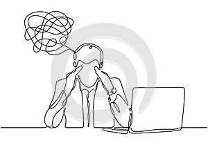 Continuous line drawing of depressed man with problem in mind, vector illustration businessman has trouble and stress with his job