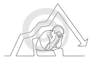 Continuous line drawing of depressed man sitting on chair with declining graph