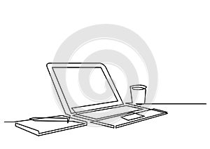 Continuous line drawing of desk laptop computer pen