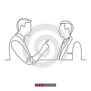 Continuous line drawing of Dialogue of two men. The boss and the subordinate are talking. Scene in the office. Template for your