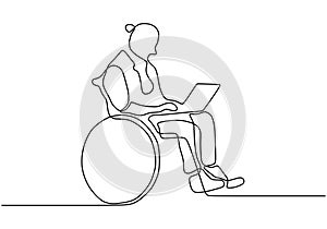 Continuous line drawing of disability man sit on wheelchair working with a laptop. Concept of Person with physical injury can