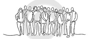 Continuous line drawing of a diverse crowd of standing people. Group of people continuous one line  drawing. Family, friends