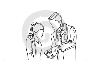 Continuous line drawing of doctor and patient talking about medication