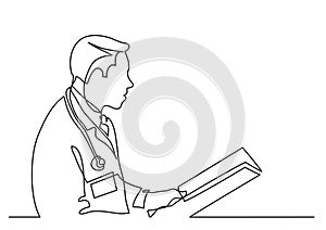 Continuous line drawing of doctor reading papers