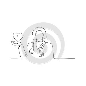 continuous line drawing of doctor with stethoscope keeping heart. isolated sketch drawing of doctor with stethoscope keeping heart