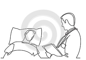 Continuous line drawing of doctor talking with patient lying in bed