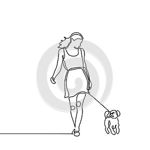 Continuous line drawing of dog and a young girl walking minimalist design. A concept of animal pet with care