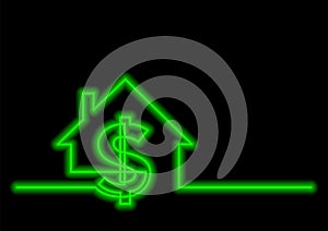 Continuous line drawing of dollar sign and house with neon vector effect