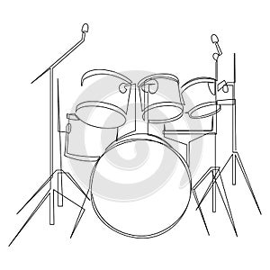 Continuous line drawing of drum band set. Percussion music instruments concept. Trendy one line art design graphic photo