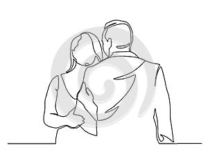 Continuous line drawing of embrace. Template for your design works. Vector illustration. Couple in love with continuous