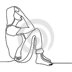 Continuous line drawing of exhausted sad young woman covering his face by hands. Female suffering from depression. Girl in despair