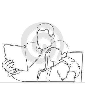 Continuous line drawing father and son watching tablet icon vector illustration concept