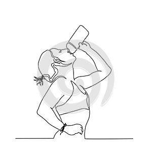 Continuous line drawing of fitness woman drinking water from the bottle . Design element , poster, wall art concept design with