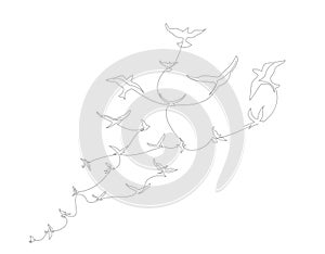 Continuous line drawing with A flock of flying birds. Freedom Line art. Black and White vector design