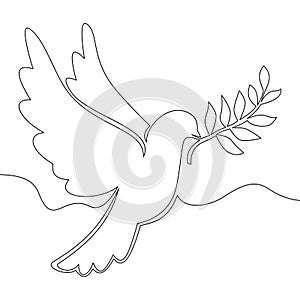Continuous line drawing flying dove with olive branch peace icon vector illustration concept