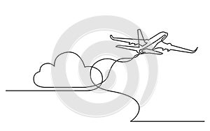 Continuous line drawing of flying passenger plane