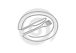 Continuous line drawing of food symbol. Sign of plate, knife, and fork. Minimalism hand drawn one line art minimalist vector