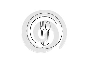 Continuous line drawing of food symbol. Sign of plate, knife, and fork. Minimalism hand drawn one line art minimalist vector
