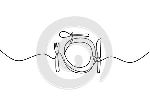 Continuous line drawing of food symbol. Sign of plate, knife, and fork. Minimalism hand drawn one line art minimalist vector