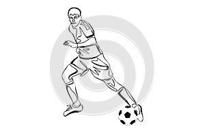 Continuous line drawing of football player kicking ball