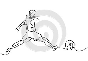 Continuous line drawing a football player kicks the ball. Young athletic man playing football in the field. Character male in