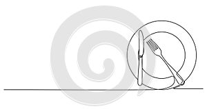 continuous line drawing of fork and knife on dinner plate